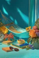 Blue room with hammock, flowers, books, & coffee in dreamy light