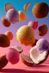 Colorful ice cream scoops and coconut halves floating on a vibrant backdrop