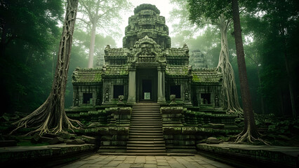 Misty Enchantment Ancient Temple Architecture Emerging from Lush Jungle Overgrowth