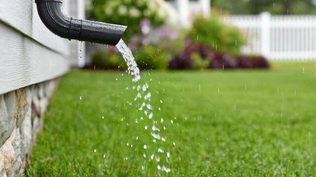 A close-up shot of water flowing from a downspout onto a lush green lawn during a rain shower.