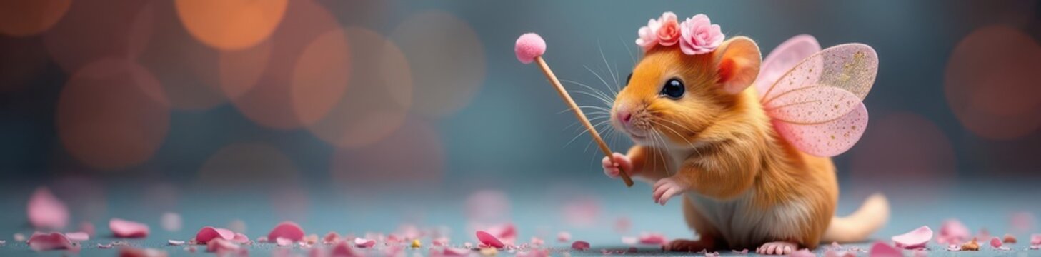 Fluffy hamster with glitter wings, flower crown, wand, pet, tiny, pixie