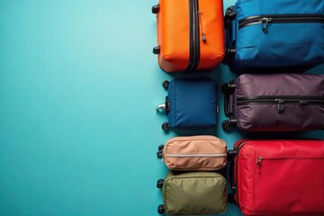 Overhead shot of various suitcases and bags packed for travel, ready for adventure Different sizes and colors showcase travel preparedness , trip, airline