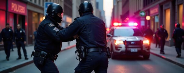 Police officers apprehend a suspect during a dramatic arrest on a city street  The scene is tense, with flashing lights and uniformed officers  A patrol car is visible in the background ,  day,  law