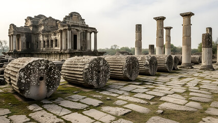 Majestic ruins of ancient temple architecture weathered stone columns and pillars historical site exploration