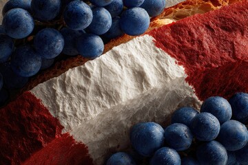 Still life features grapes, bread, and a textured red & white cloth