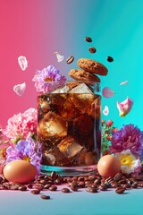 Iced drink with floating cookies, beans, and flower petals on colorful background