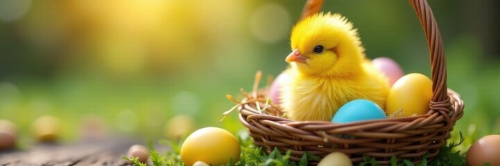 Fluffy yellow chick nestled in Easter egg basket , joyful, animal