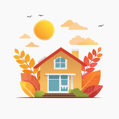 Cozy autumn house illustration set against a sunny sky with colorful foliage, creating a serene and inviting seasonal landscape perfect for design projects