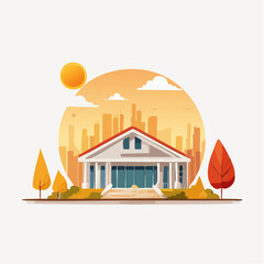 Cozy suburban house with autumn trees and city skyline in the background, bathed in warm sunlight