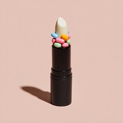 Lipstick topped with colorful pills against pale pink background; surreal