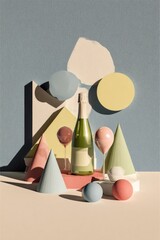 Still life with pastel geometric shapes, bottle, & balloons on a platform