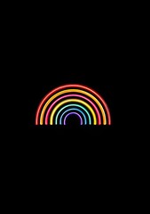 Glowing semicircular rainbow with layered neon colors on a stark black backdrop