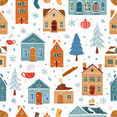 Seamless pattern of cozy winter houses, pine trees, snowflakes, and festive decorations on a white background, perfect for holiday designs