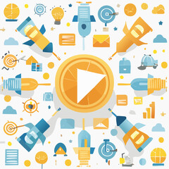 Creative digital strategy and business launch concept. Central play button surrounded by rockets, light bulbs, and targets, symbolizing innovation, growth, and online success