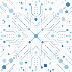 Abstract digital snowflake pattern with circuit board lines and scattered blue dots, creating a modern winter technology background design. Geometric cold season illustration