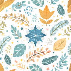 Seamless autumn and winter nature pattern with stylized leaves, branches, berries, and snowflakes, perfect for festive seasonal backgrounds and decorative designs