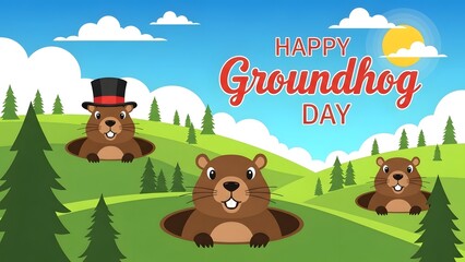 Fototapeta premium Happy groundhog day cartoon with three groundhogs