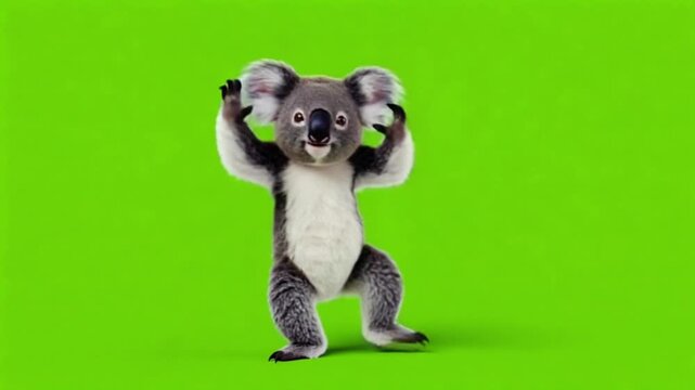 Funny and cute dancing koala character moving playfully with raised arms on a vibrant green screen background, ideal for entertaining kids' content or humorous advertising.