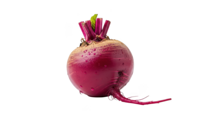 Fresh red radish isolated on transparent background with green leafy stem