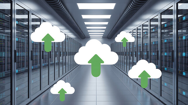 Data Cloud Storage Concept with Uploading Cloud Icons in a Server Room Hallway - Powered by Adobe