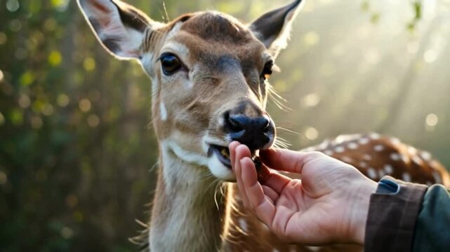 Human Gently Feeding a Spotted Deer in Natural Forest Setting