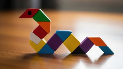 Colorful Tangram Snake Puzzle on Wooden Table