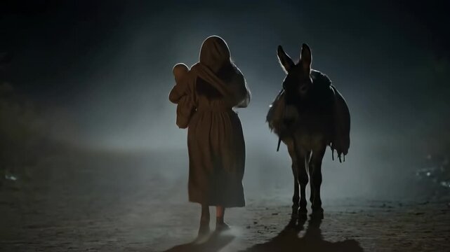 Escaping King Herod's massacre of infants, Virgin Mary runs with Baby Jesus at night towards donkey.