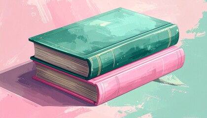 Vibrant illustration of two stacked books, a serene green volume on a soft pink one, symbolizing knowledge, education, and the timeless pleasure of reading