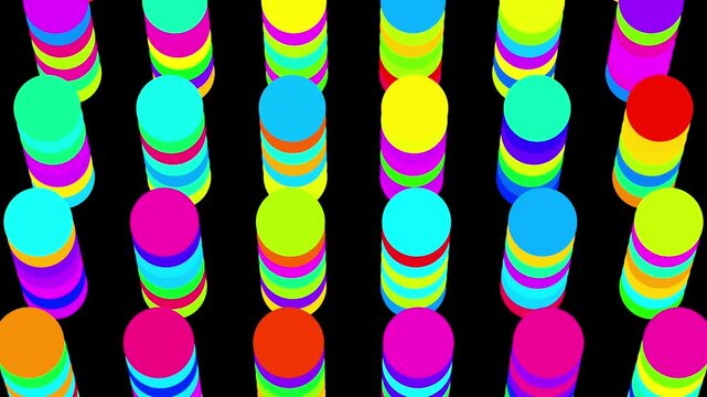 A 3D perspective view of multiple vertical cylinders made of stacked, multi-colored discs. The colors shift rapidly through the spectrum, creating a high-energy, rainbow-like flashing effect.