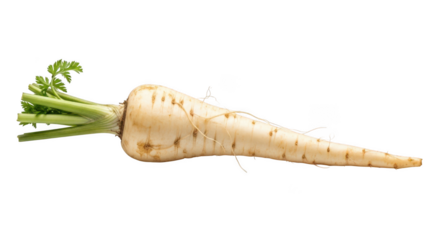 Fresh parsnip root isolated on transparent background with green leaves
