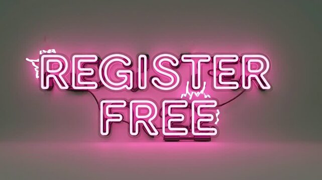 Neon pink sign displaying 'Register Free' with animated lightning effects and glow