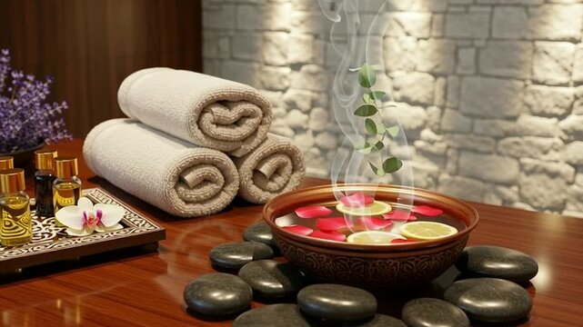 Relaxing Spa Scene with Towels, Essential Oils, and Aromatherapy Elements