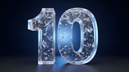 Number ten ice sculpture on dark background, perfect for winterthemed designs, numerical concepts, coldrelated themes, and frosty graphics.