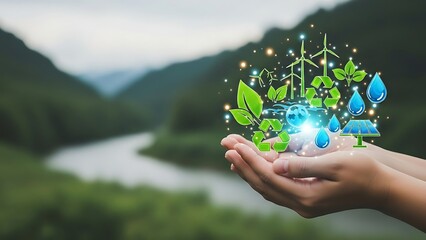 Cupped hands holding glowing sustainability and renewable energy icons over a natural landscape