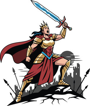 Fierce Warrior Queen Raising Sword in Victory.