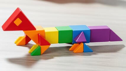 Vibrant Colorful Geometric Lizard on Light Wooden Surface