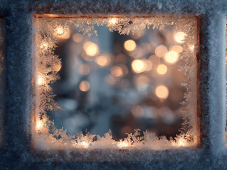 Frosty Window Pane with Bokeh Lights Warm Winter Holiday Mood