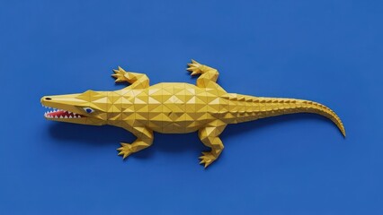 Golden Geometric Alligator Model Lying on Blue Background