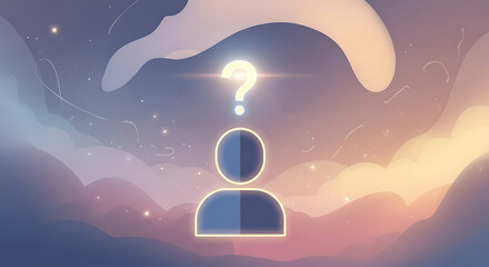 A stylized person silhouette with a glowing question mark above their head, set against a dreamy, cloudy sky, symbolizing identity, mystery, or seeking answers.