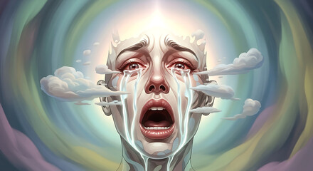 A person's face in anguish, crying tears of light amidst swirling pastel colors and ethereal clouds, expressing deep emotional pain.