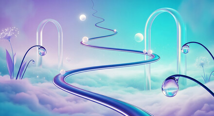 A dreamlike landscape with a winding path, floating spheres, and ethereal archways above soft clouds.