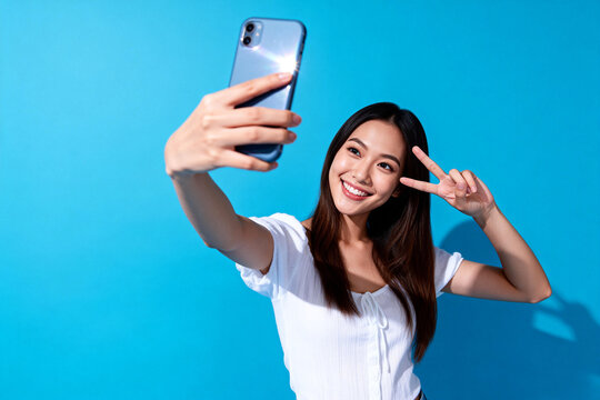 Young Woman Taking Selfie with Peace Sign