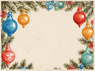 Vintage Christmas card background with ornaments and evergreen branches frame festive holiday season