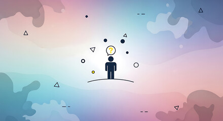 A stylized person with a lightbulb idea surrounded by abstract geometric shapes on a pastel gradient background, representing creativity and thought.