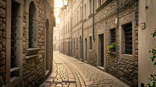 Scenic cobblestone alleyway in historic European city with charming architecture and lush potted