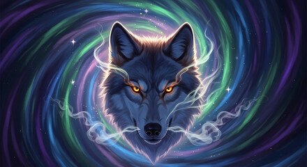 Mystical wolf head with glowing eyes against a swirling cosmic vortex background in digital art style.