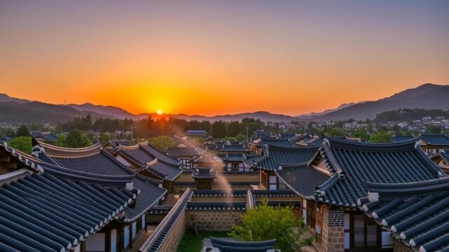 Scenic traditional Korean hanok village at sunset with mountains in the background