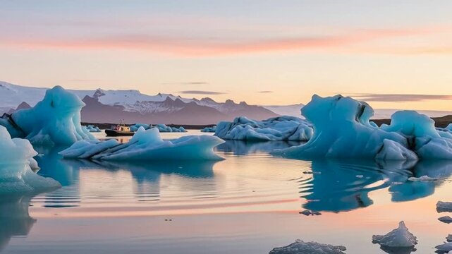 Serene Arctic Icebergs Reflecting Sunset Over Calm Polar Waters at Dusk