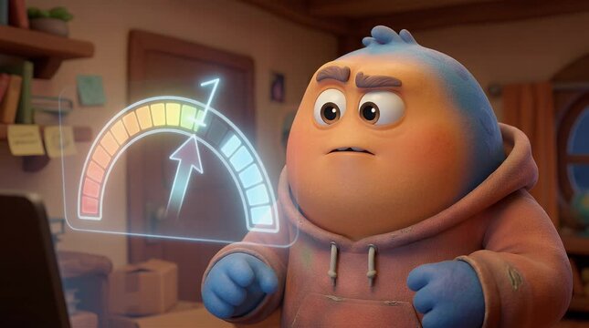 Animated character with digital interface and color meter concept