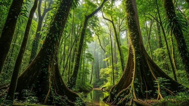 Serene Green Forest Scene with Tall Trees and River in a Lush Jungle Environment